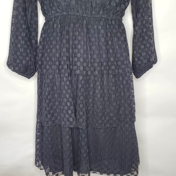 Black Lace Tiered Midi Dress Size L Ruffled High Neck Dark Romantic Whimsigoth - Picture 3 of 16